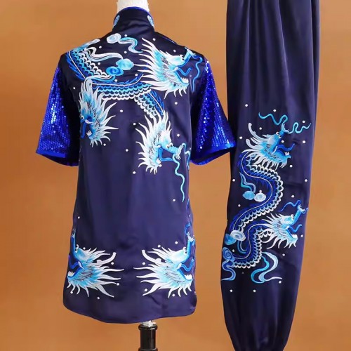 Custom size chinese kung fu tai chi clothing Sequins embroidered dragon changquan navy martial arts uniforms adult youth competition clothes student exam wear